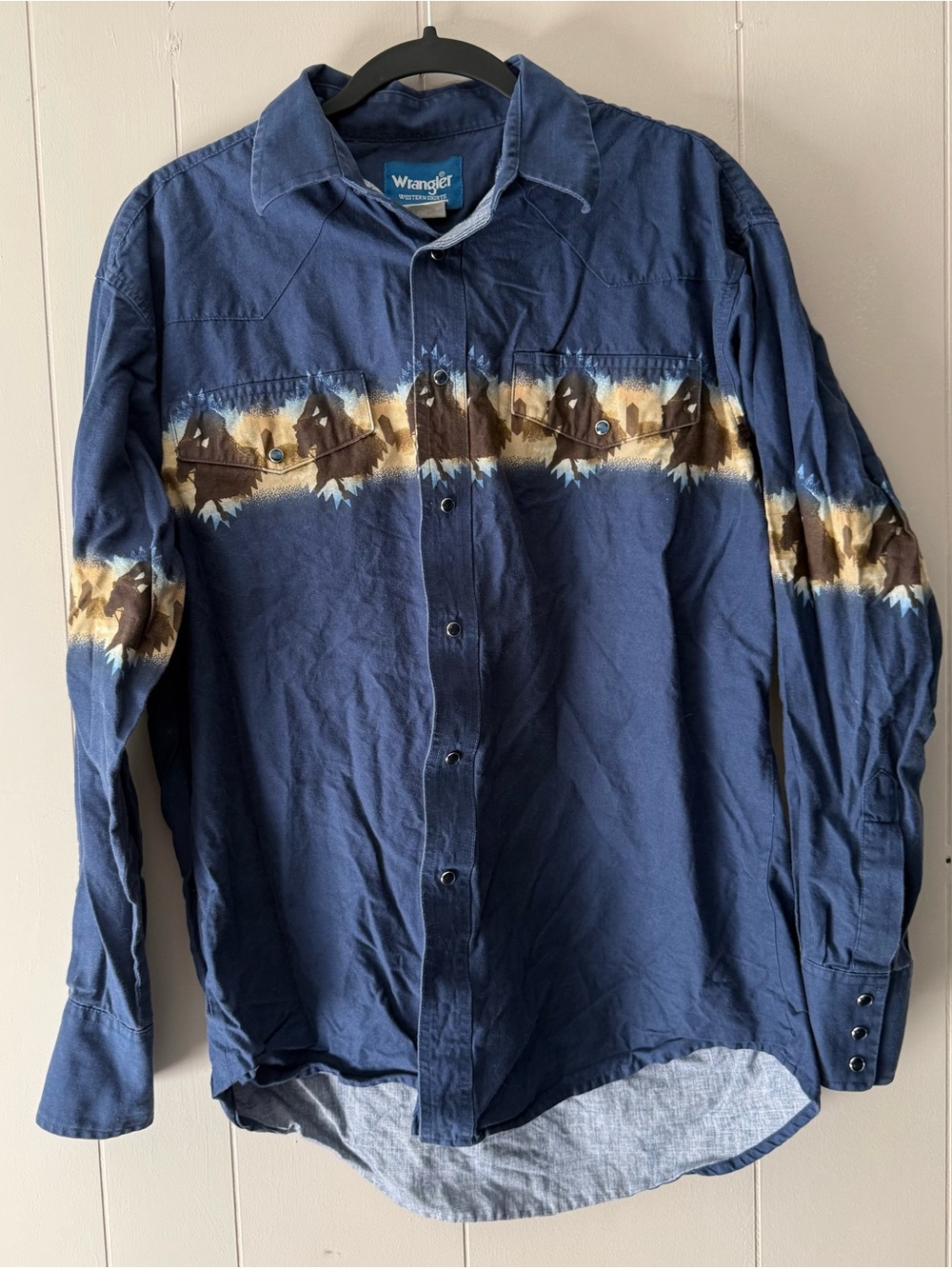 Vintage Wrangler Western Horse Print Snap Shirt Men’s L Blue Cowboy Rodeo